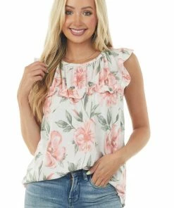 Lovely J Ivory Floral Babydoll Top With Ruffle Details