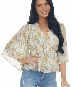 Entro Ivory Floral Flare Sleeve V Neck Babydoll Top