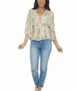 Entro Ivory Floral Flare Sleeve V Neck Babydoll Top