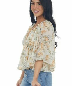 Entro Ivory Floral Flare Sleeve V Neck Babydoll Top