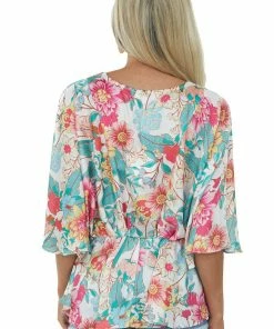 Umgee Tops Ivory Floral Kimono Sleeve Peplum Blouse