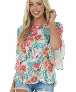 Umgee Tops Ivory Floral Kimono Sleeve Peplum Blouse