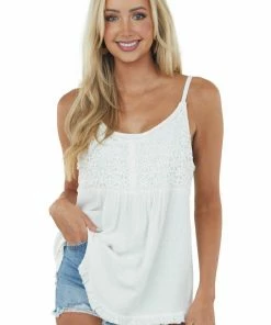 Umgee Ivory Floral Lace Button Detail Babydoll Tank Top Tops