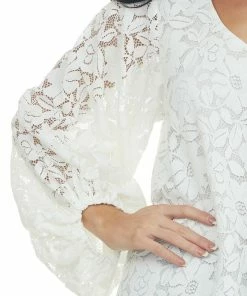 Vine & Love Tops Ivory Floral Lace Long Bubble Sleeve Blouse