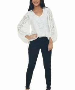 Vine & Love Tops Ivory Floral Lace Long Bubble Sleeve Blouse