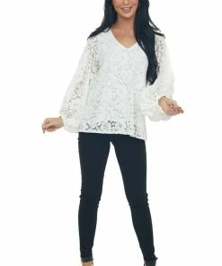 Vine & Love Tops Ivory Floral Lace Long Bubble Sleeve Blouse