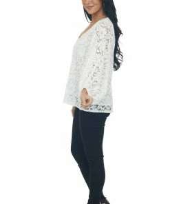Vine & Love Tops Ivory Floral Lace Long Bubble Sleeve Blouse