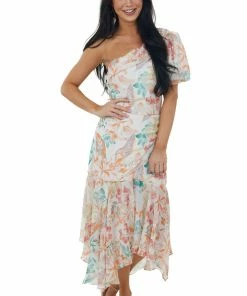 Sweet Lemon Ivory Floral One Shoulder Puff Sleeve Midi Dress