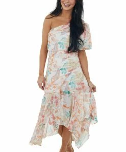 Sweet Lemon Ivory Floral One Shoulder Puff Sleeve Midi Dress