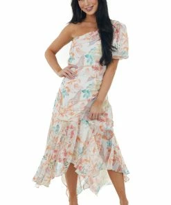 Sweet Lemon Ivory Floral One Shoulder Puff Sleeve Midi Dress