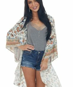 Haptics Ivory Floral Open Front Kimono With Side Slits Tops