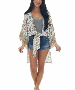 Haptics Ivory Floral Open Front Kimono With Side Slits Tops
