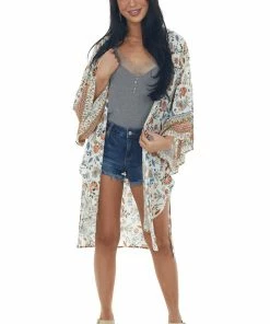 Haptics Ivory Floral Open Front Kimono With Side Slits Tops