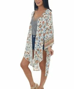 Haptics Ivory Floral Open Front Kimono With Side Slits Tops
