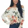 BiBi Ivory Floral Print Boat Neckline Knit Top