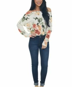 BiBi Ivory Floral Print Boat Neckline Knit Top