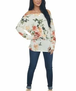 BiBi Ivory Floral Print Boat Neckline Knit Top