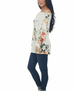 BiBi Ivory Floral Print Boat Neckline Knit Top