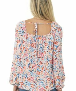 143 Story Ivory Floral Print Long Puff Sleeve Woven Top