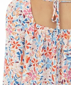 143 Story Ivory Floral Print Long Puff Sleeve Woven Top