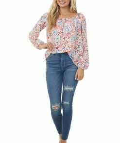 143 Story Ivory Floral Print Long Puff Sleeve Woven Top