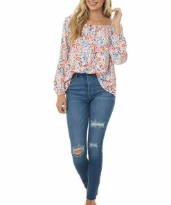 143 Story Ivory Floral Print Long Puff Sleeve Woven Top