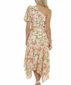 Flying Tomato Ivory Floral Print One Shoulder Midi Dress