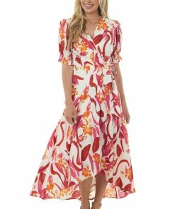 Umgee Dresses Ivory Floral Print Puff Sleeve Wrap Maxi Dress