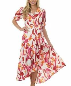 Umgee Dresses Ivory Floral Print Puff Sleeve Wrap Maxi Dress