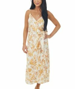 Lush Clothing Dresses Ivory Floral Print Surplice Midi Wrap Dress