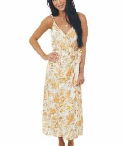 Lush Clothing Dresses Ivory Floral Print Surplice Midi Wrap Dress