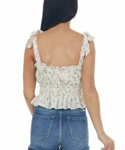 She + Sky Ivory Floral Print Tie Strap Cropped Tank Top Tops 12 She + Sky Ivory Floral Print Tie Strap Cropped Tank Top Tops