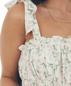 She + Sky Ivory Floral Print Tie Strap Cropped Tank Top Tops 13 She + Sky Ivory Floral Print Tie Strap Cropped Tank Top Tops