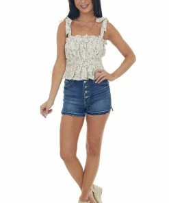 She + Sky Ivory Floral Print Tie Strap Cropped Tank Top Tops 10 She + Sky Ivory Floral Print Tie Strap Cropped Tank Top Tops