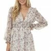 She + Sky Ivory Floral V Neck Bubble Sleeve Woven Dress