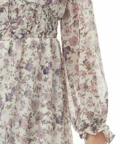 She + Sky Ivory Floral V Neck Bubble Sleeve Woven Dress