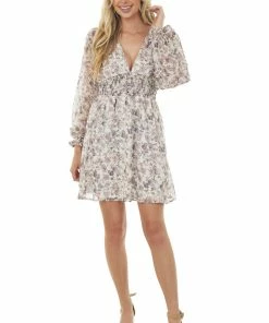 She + Sky Ivory Floral V Neck Bubble Sleeve Woven Dress