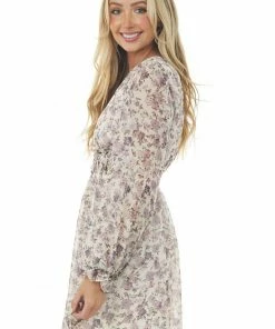 She + Sky Ivory Floral V Neck Bubble Sleeve Woven Dress