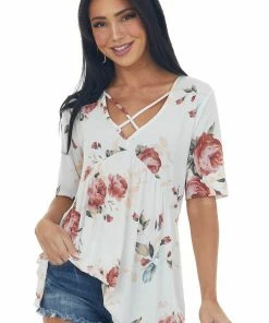 HEIMISH Tops Ivory Floral V Neck Criss Cross Babydoll Top