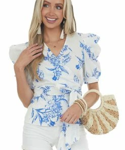 Flying Tomato Tops Ivory Floral Wrap Style Puff Sleeve Blouses 11 Flying Tomato Tops Ivory Floral Wrap Style Puff Sleeve Blouses
