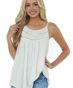 Allie Rose Ivory Flowy Swing Cami With Textured Yoke Tops