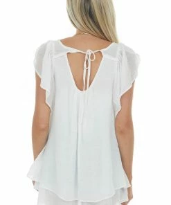 Umgee Ivory Flutter Sleeve Back Tie Ruffle Blouse Tops