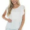 Umgee Ivory Flutter Sleeve Back Tie Ruffle Blouse Tops