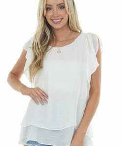 Umgee Ivory Flutter Sleeve Back Tie Ruffle Blouse Tops