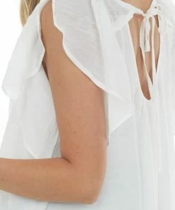 Umgee Ivory Flutter Sleeve Back Tie Ruffle Blouse Tops