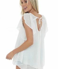 Umgee Ivory Flutter Sleeve Back Tie Ruffle Blouse Tops