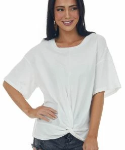 Listicle Tops Ivory Front Knot Drop Shoulder Knit Tee