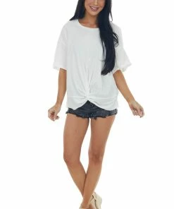 Listicle Tops Ivory Front Knot Drop Shoulder Knit Tee