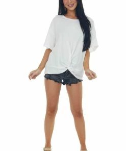 Listicle Tops Ivory Front Knot Drop Shoulder Knit Tee