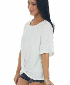 Listicle Tops Ivory Front Knot Drop Shoulder Knit Tee